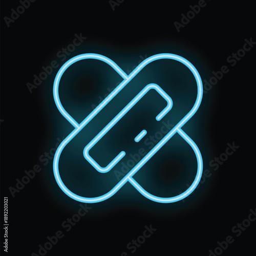 Blue neon sign of two adhesive bandages forming a cross, representing first aid and healthcare
