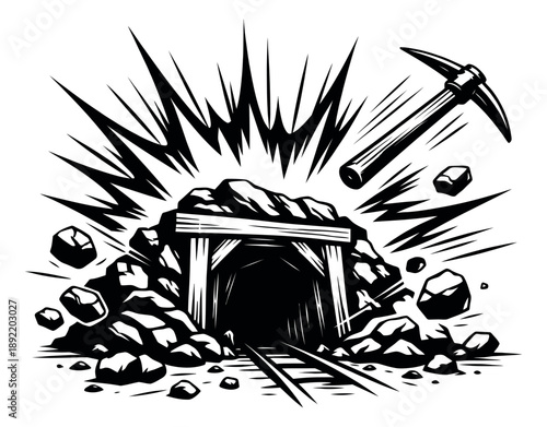 Woodcut style illustration of a mine entrance depicting an explosion and a pickaxe for mining operations