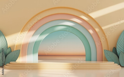 Wallpaper Mural Pastel Rainbow Arch Stage with Tropical Leaves and Soft Lighting backdrop Torontodigital.ca