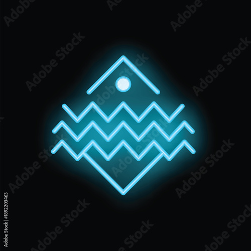 Blue neon icon of a house standing above water waves symbolizing flood on a black background