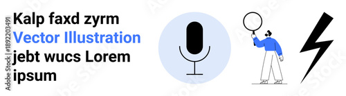Large microphone icon beside a person inspecting with a magnifying glass and a bold lightning bolt. Ideal for voice technology, podcasting, creativity, innovation, communication, audio tech, simple