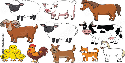 Cute Farm Animals Cartoon Vector Set – Sheep, Cow, Pig, Horse, and Rooster