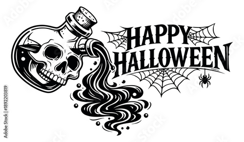 Line art illustration of a skull potion bottle depicting dark liquid pouring with happy Halloween text for spooky celebration