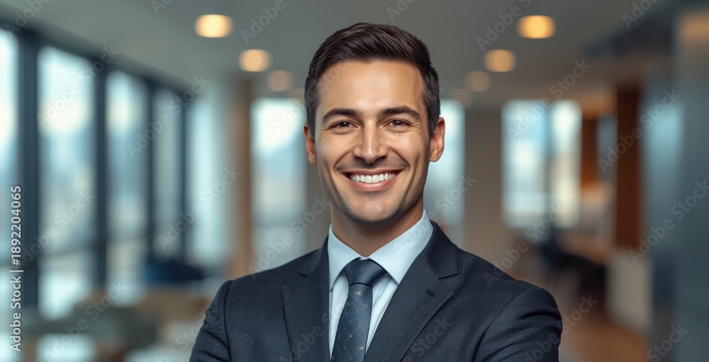 Fototapeta premium onfident entrepreneur in a contemporary office, exuding pride and happiness in Canada.jpeg