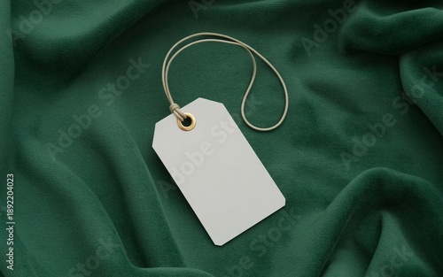 Wallpaper Mural White rectangular tag with string on folded dark green fabric texture label blank Torontodigital.ca