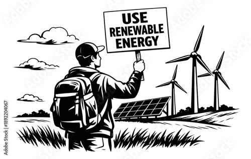 Graphic line art illustration of a man holding a sign promoting renewable energy for environmental awareness