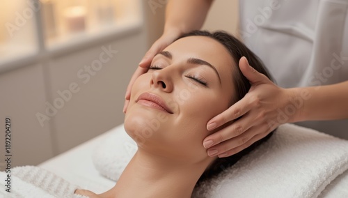 Wallpaper Mural salon. Skincare concept with a relaxed middle-aged woman enjoying a lifting treatment.jpeg Torontodigital.ca