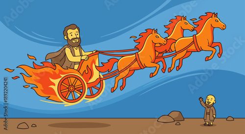 Elijah Taken Up to Heaven
Cartoon style flat vector illustration of Elijah taken up to heaven, depicting Elijah riding in a fiery chariot ascending into the sky, flowing motion upward. Bible
