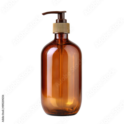 A brown glass soap dispenser bottle with a gold cap