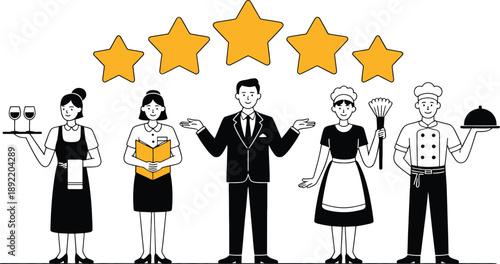 Five star restaurant service team with waiter chef and staff five stars