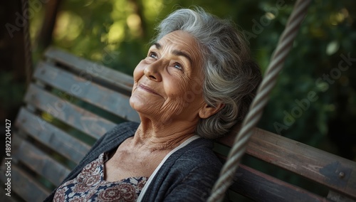 tractive elderly woman reflecting on her life while resting on a porch swing outdoors.jpeg