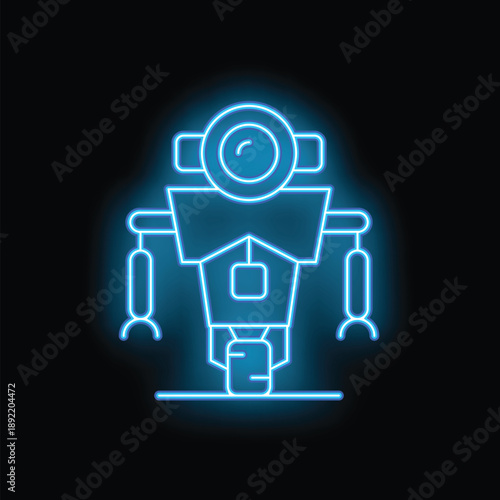 Blue glowing neon line robot standing with camera lens instead of head on black background
