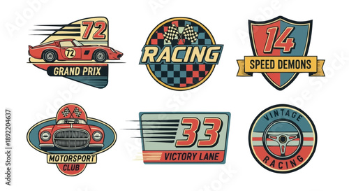 Dynamic collection of vintage racing emblems featuring classic cars, speed numbers, and motorsport club badges, perfect for retro automotive design projects