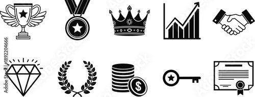 Business success and achievement icons set featuring awards, trophies, crown, growth chart, handshake, finance symbols and leadership concepts isolated on white background