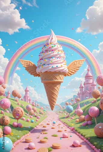 winged ice cream cone flying over cookie road with rainbow in fantasy candy land