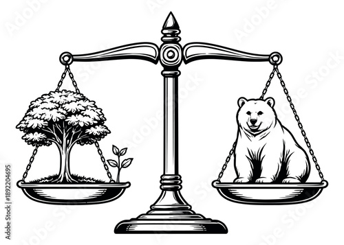 Hand drawn line art illustration of a balance scale depicting the equilibrium of nature and wildlife for ecological sustainability