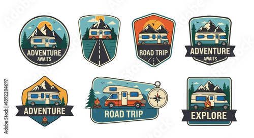 Embrace the open road and explore new horizons with these vintage-inspired adventure travel badges and emblems for your next camping trip