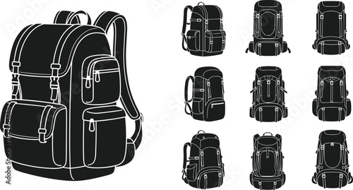 Backpack and hiking rucksack silhouettes set showing multiple views and designs, travel camping and outdoor adventure bags, black vector illustrations isolated on white background
