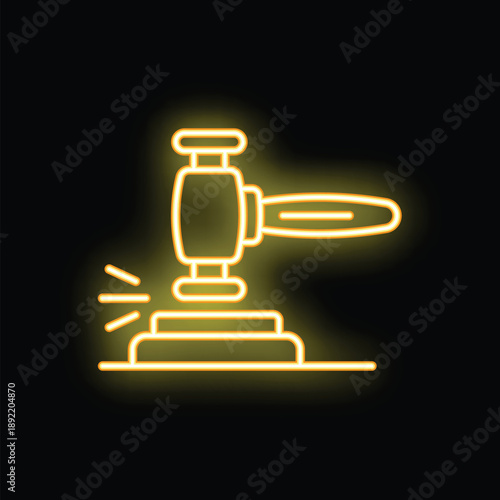 Bright yellow neon gavel striking sound block icon glowing on black background
