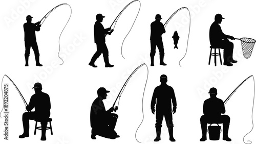 Fishing activity silhouettes set showing anglers standing and sitting with rods, catching fish and relaxing, black vector outdoor sport illustrations isolated on white background