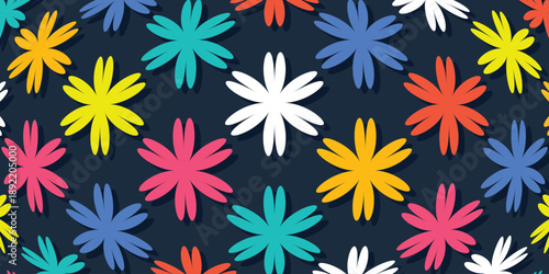 Background seamless pattern abstract colorful flowers. Tulips, daisi, and sunflower
