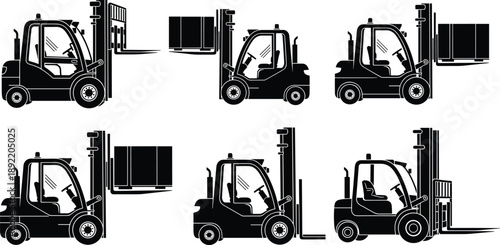 Forklift truck silhouette icons set showing warehouse loading, lifting and material handling operations, industrial logistics vehicles isolated on white background illustration design