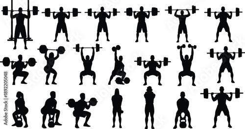 Fitness workout silhouette icons set showing weightlifting exercises, barbell and kettlebell training poses, gym strength routines for bodybuilding, crossfit, and athletic exercise illustration