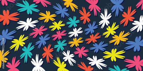 Background seamless pattern abstract colorful flowers. Tulips, daisi, and sunflower