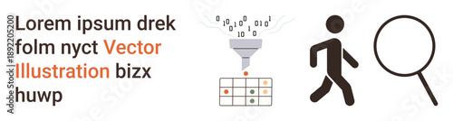 Data processing, digital sorting, information analysis, workflow optimization, research, investigation. Illustrated funnel filtering binary code into a grid. Data processing and digital sorting