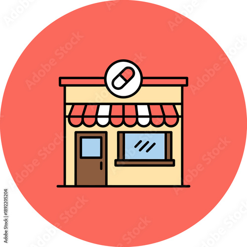 Illustrated Pharmacy Storefront with Red Awning Sign