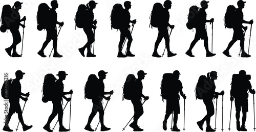 Hiking and trekking people silhouettes set with backpacks and walking poles, outdoor adventure travelers walking sequence, black vector illustrations isolated on white background
