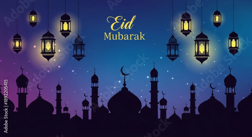 Eid mubarak celebration with lanterns and mosque silhouettes at dusk