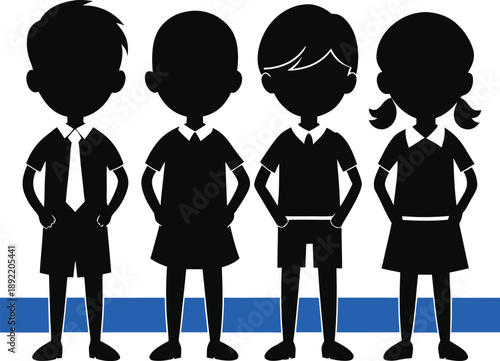 Silhouettes of four school children standing in a line