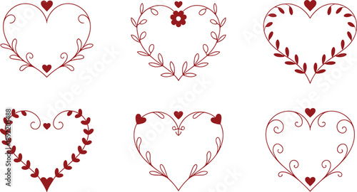 Red heart shapes with leafy vines and floral on white background love valentines day