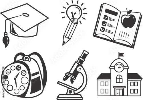 Illustrations of educational symbols and tools
