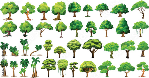 A vector illustration of a collection of green trees and forest foliage icons