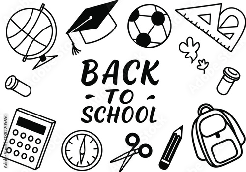 Illustrative collection of school essentials surrounding the phrase 'back to school'