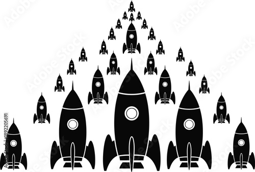 Rocket launch formation silhouettes set showing multiple spacecraft taking off together, startup growth and innovation concept, black vector space icons isolated on white background