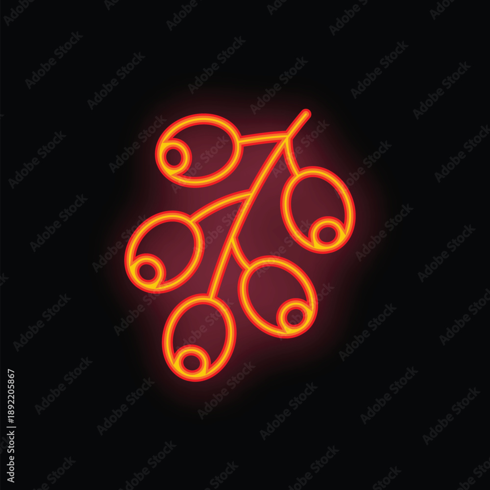 Obraz premium Bright neon icon of a coffee branch with beans glowing on a black background