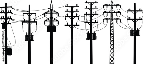 Silhouette illustration of electric power poles and transmission lines showing utility infrastructure, energy distribution network, high voltage cables isolated on white background
