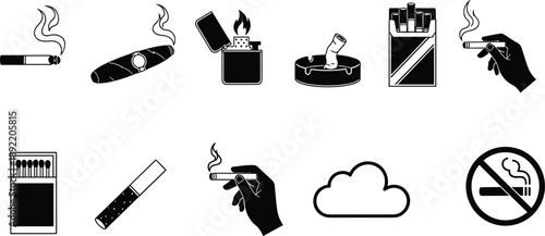 Smoking and tobacco product icons set including cigarettes, cigars, lighter, ashtray, smoke symbols and no smoking sign, black vector illustrations isolated on white backgroundSmoking 