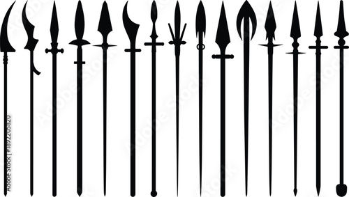 Large collection of ancient spear and polearm silhouettes featuring various historical weapon designs for medieval combat and warrior illustrations.