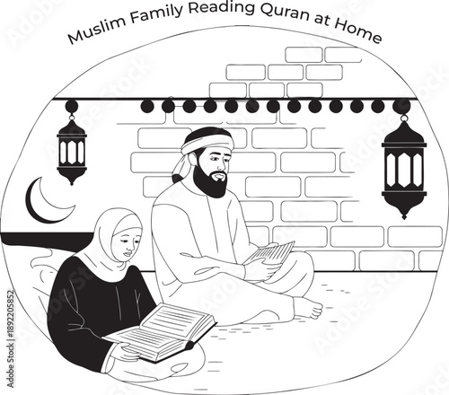 A Muslim man and woman quietly read sacred books together in their home