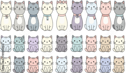PrintCute Pastel Cat Character Set with Multiple Colors and Sitting Poses for Kids Illustration, Nursery Design, Stickers, and Decorative Graphics