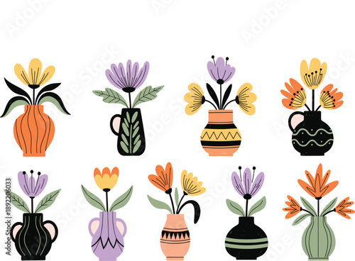 Decorative Flower Vase Illustration Set with Hand Drawn Floral Arrangements, Modern Folk Style Pottery, and Botanical Home Decor Design