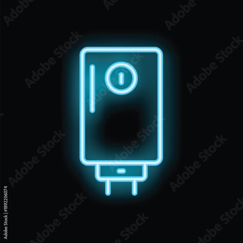 Blue neon icon of electric water heater glowing on black background