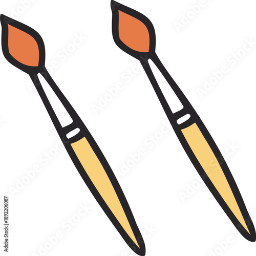 Two paint brushes with orange bristles and wooden handles