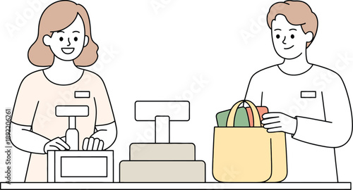 Woman operating cash register man holding shopping bags at checkout