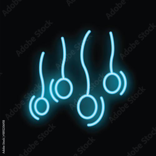 Neon hair follicles are glowing bright blue on this black background