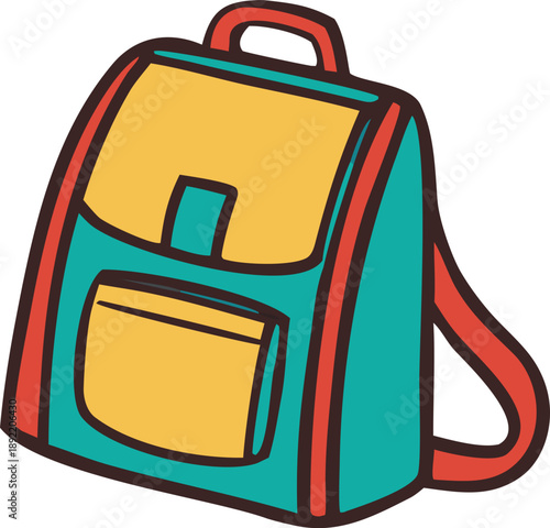 Vibrant turquoise and yellow backpack with red straps